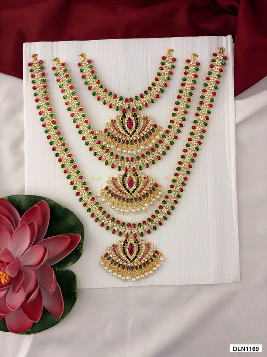 deity long haram full product view with gold plating and multicolor stones for idol alankaram