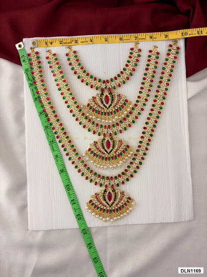 Measurement photo showing 12 x 10 Inches deity long haram with measuring tape for idol alankaram