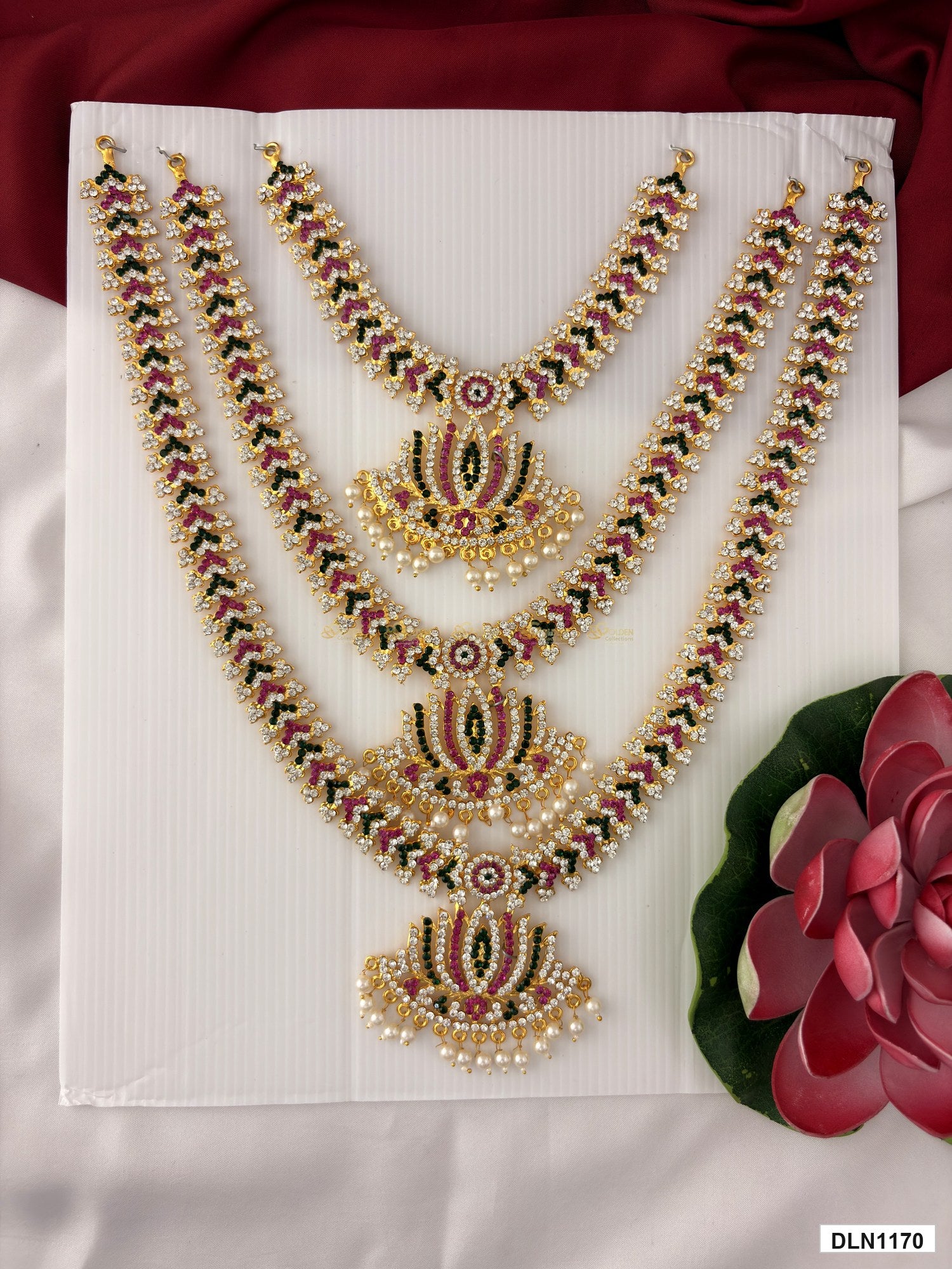 deity long haram full product view with gold plating and multicolor stones for idol alankaram