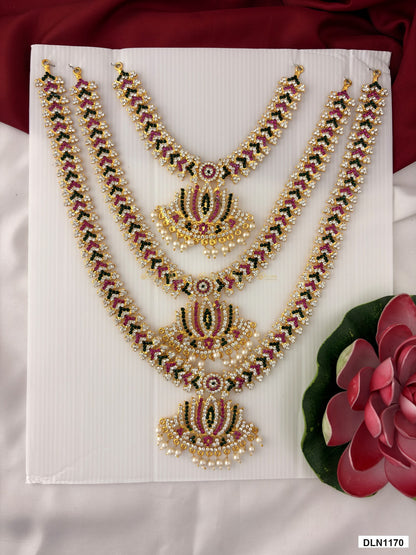 deity long haram full product view with gold plating and multicolor stones for idol alankaram
