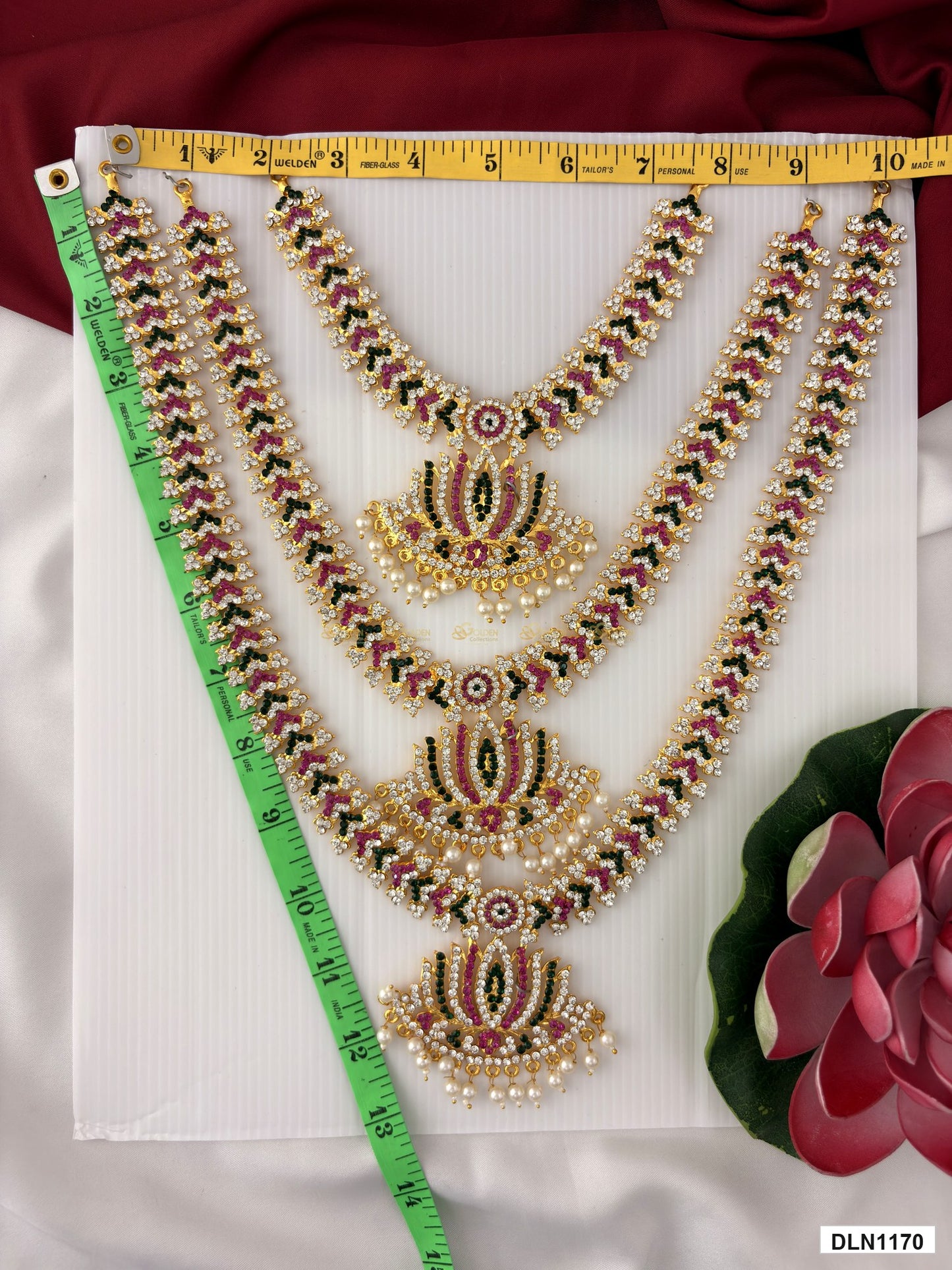 Measurement photo showing 12 x 10 Inches deity long haram with measuring tape for idol alankaram