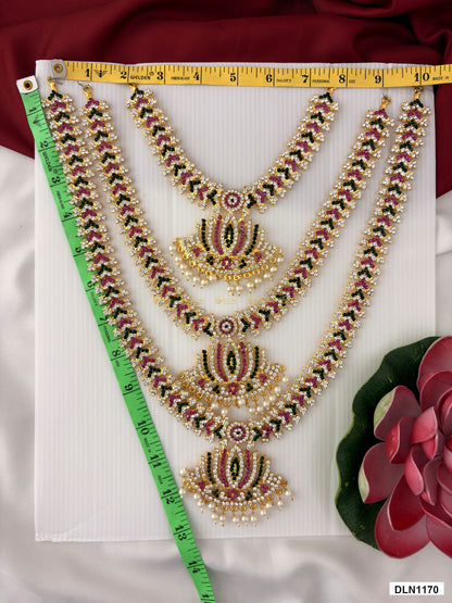 Measurement photo showing 12 x 10 Inches deity long haram with measuring tape for idol alankaram