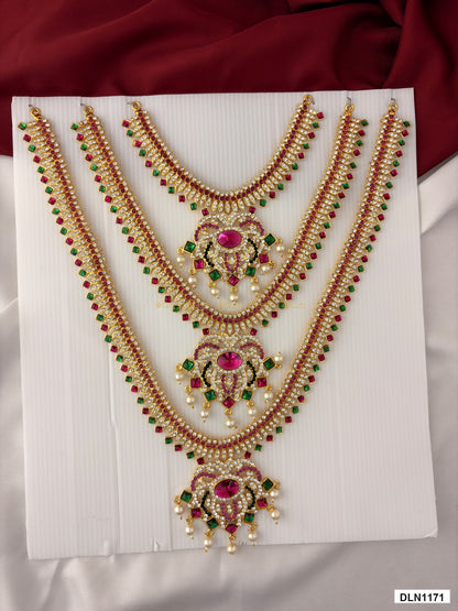 deity long haram full product view with gold plating and multicolor stones for idol alankaram