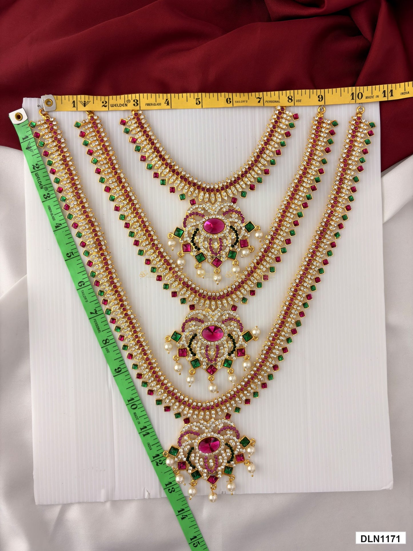 Measurement photo showing 13 x 10 Inches deity long haram with measuring tape for idol alankaram