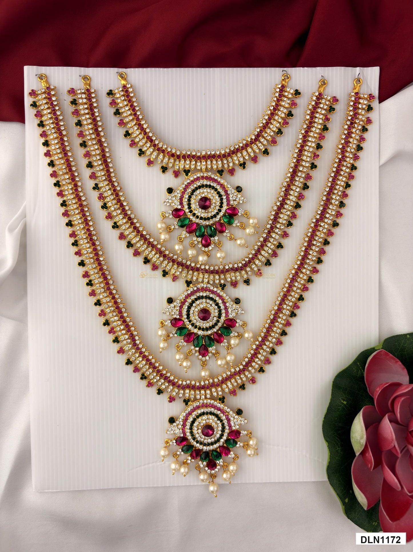 deity long haram full product view with gold plating and multicolor stones for idol alankaram