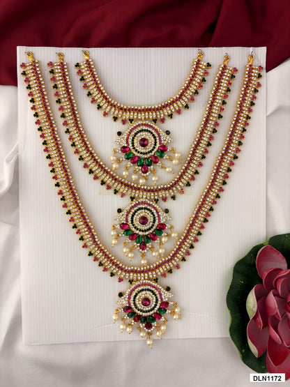 deity long haram full product view with gold plating and multicolor stones for idol alankaram