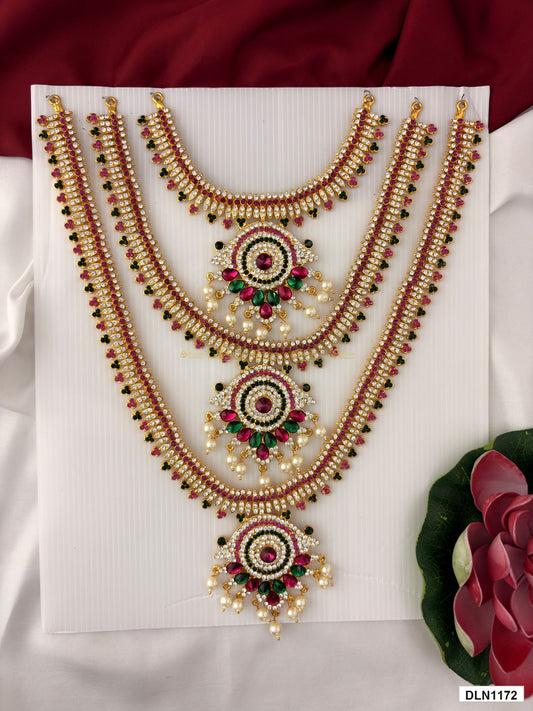 deity long haram full product view with gold plating and multicolor stones for idol alankaram