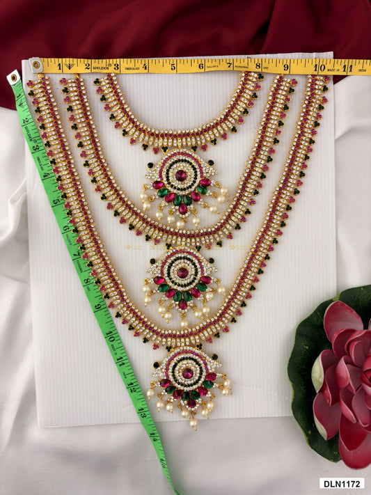 Measurement photo showing 13 x 10 Inches deity long haram with measuring tape for idol alankaram