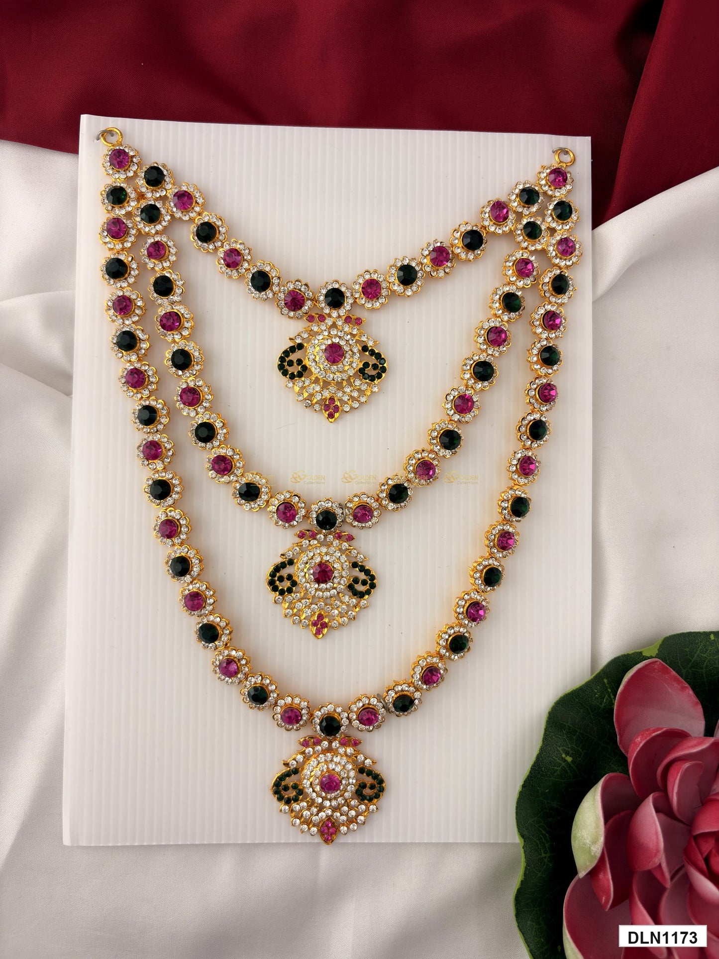 deity long haram full product view with gold plating and multicolor stones for idol alankaram