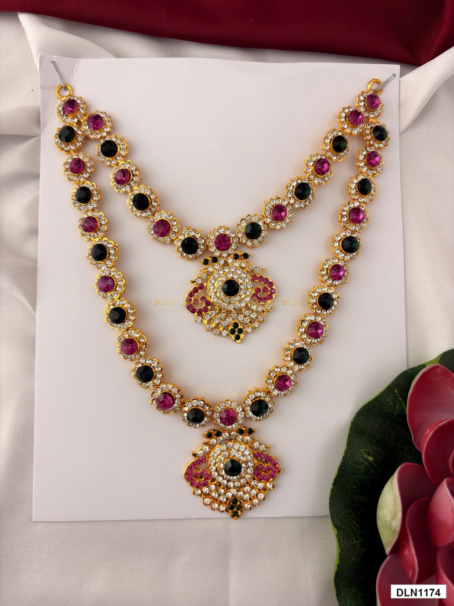 deity long haram full product view with gold plating and multicolor stones for idol alankaram
