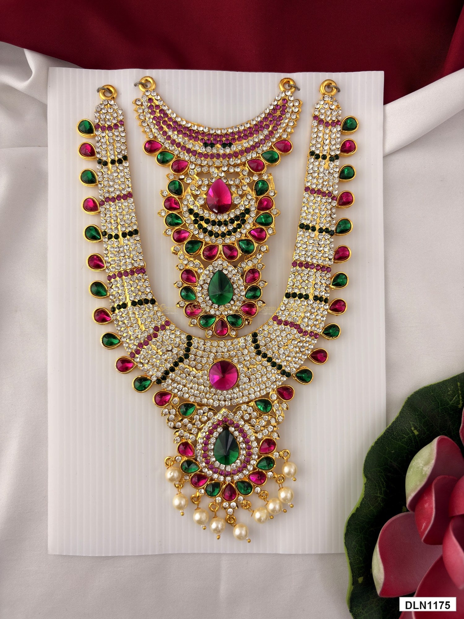 deity long haram full product view with gold plating and multicolor stones for idol alankaram