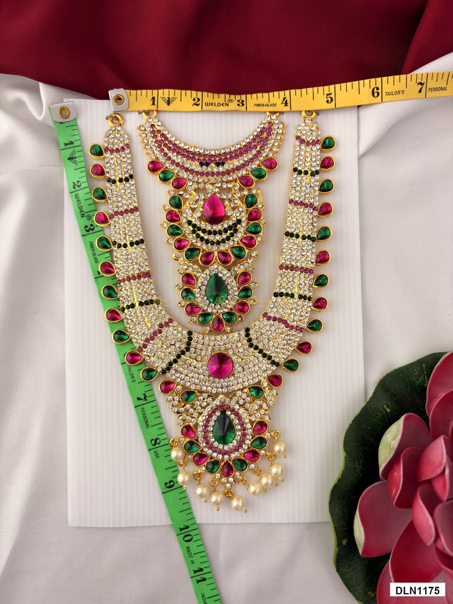 Measurement photo showing 9 x 5 Inches deity long haram with measuring tape for idol alankaram