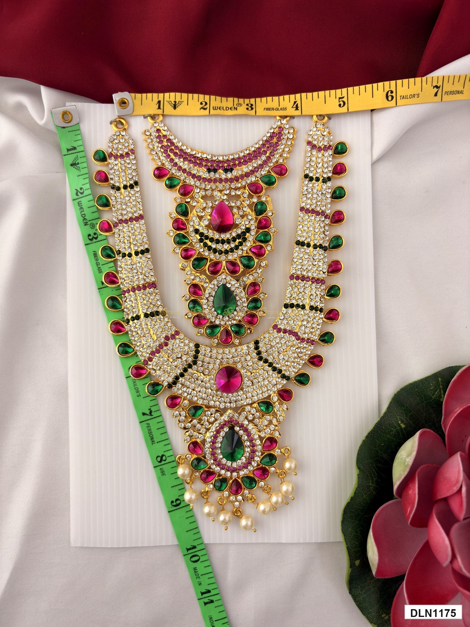Measurement photo showing 9 x 5 Inches deity long haram with measuring tape for idol alankaram