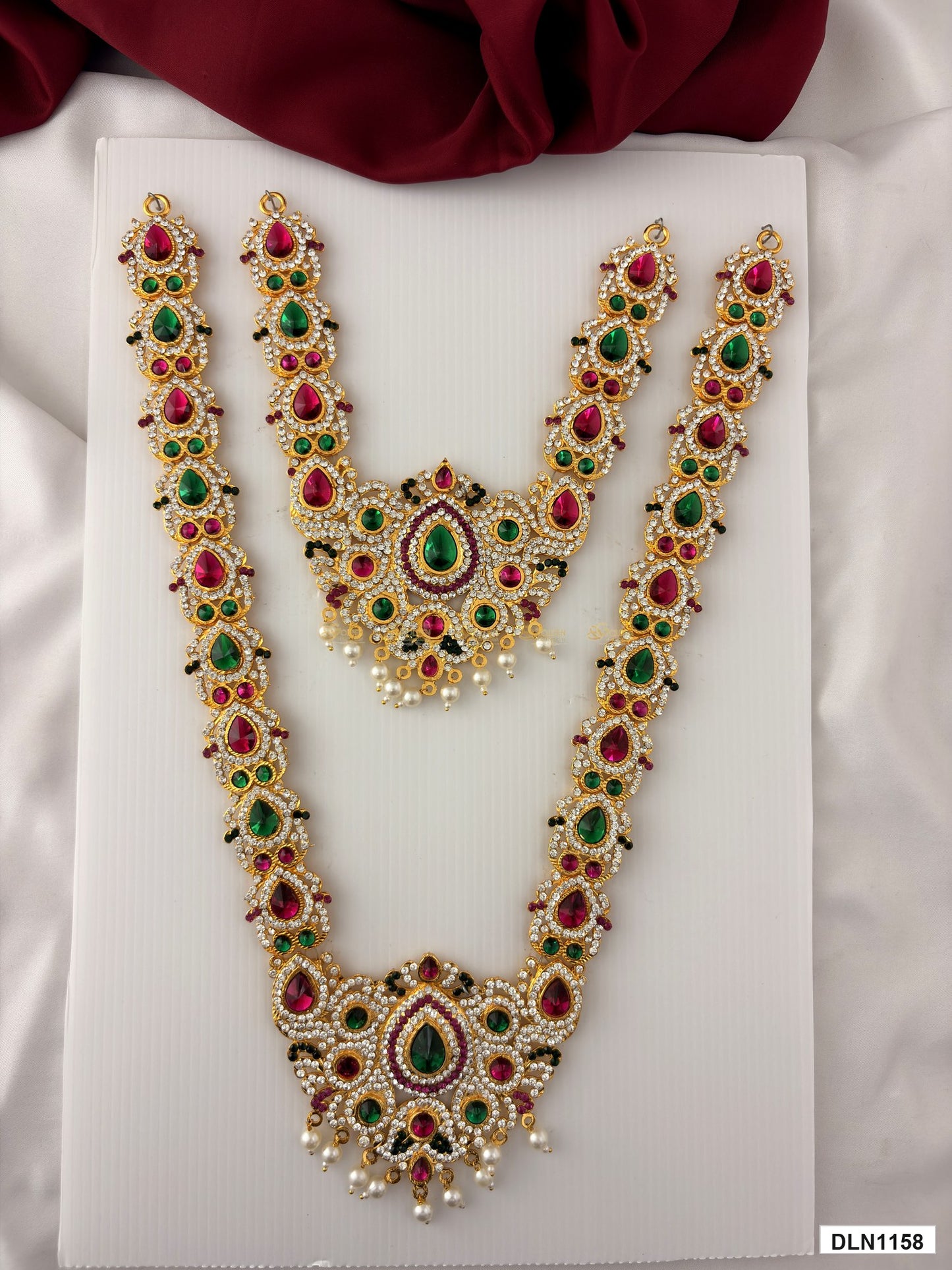 deity long haram full product view with gold plating and multicolor stones for idol alankaram