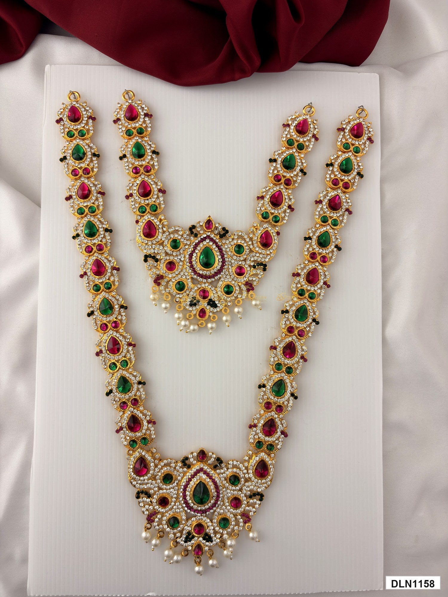 deity long haram full product view with gold plating and multicolor stones for idol alankaram