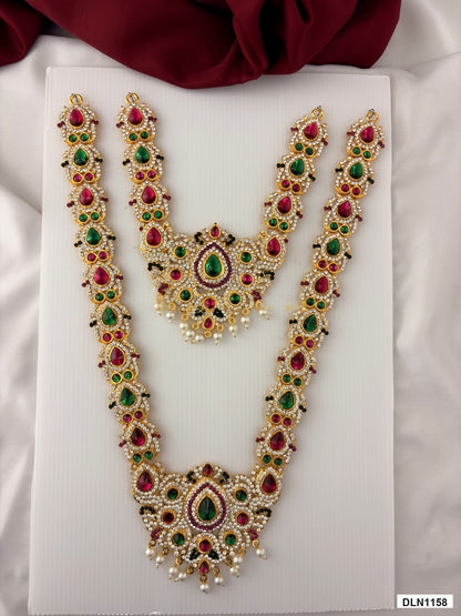 deity long haram full product view with gold plating and multicolor stones for idol alankaram