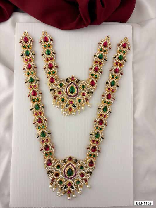 deity long haram full product view with gold plating and multicolor stones for idol alankaram