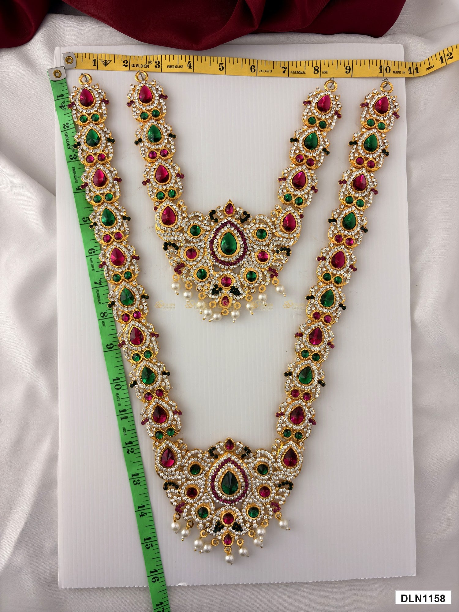 Measurement photo showing 15 x 10 Inches deity long haram with measuring tape for idol alankaram