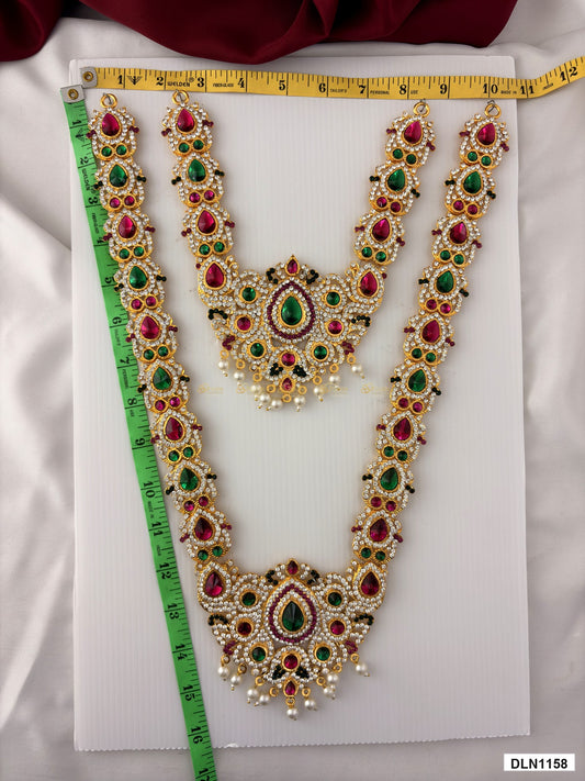 Measurement photo showing 15 x 10 Inches deity long haram with measuring tape for idol alankaram