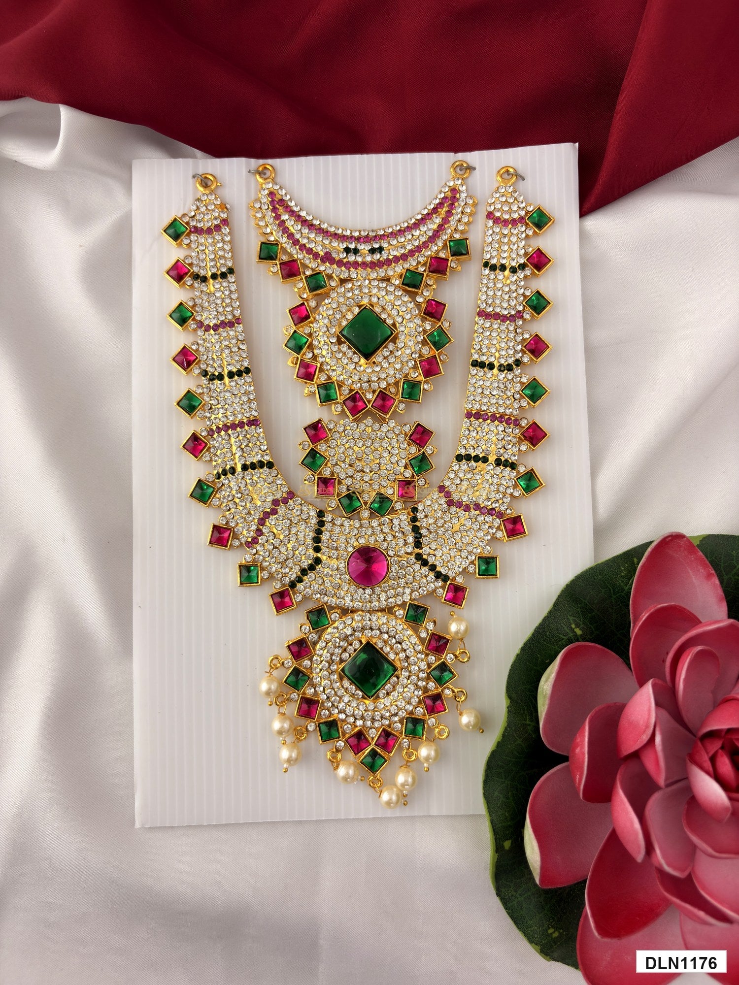 deity long haram full product view with gold plating and multicolor stones for idol alankaram