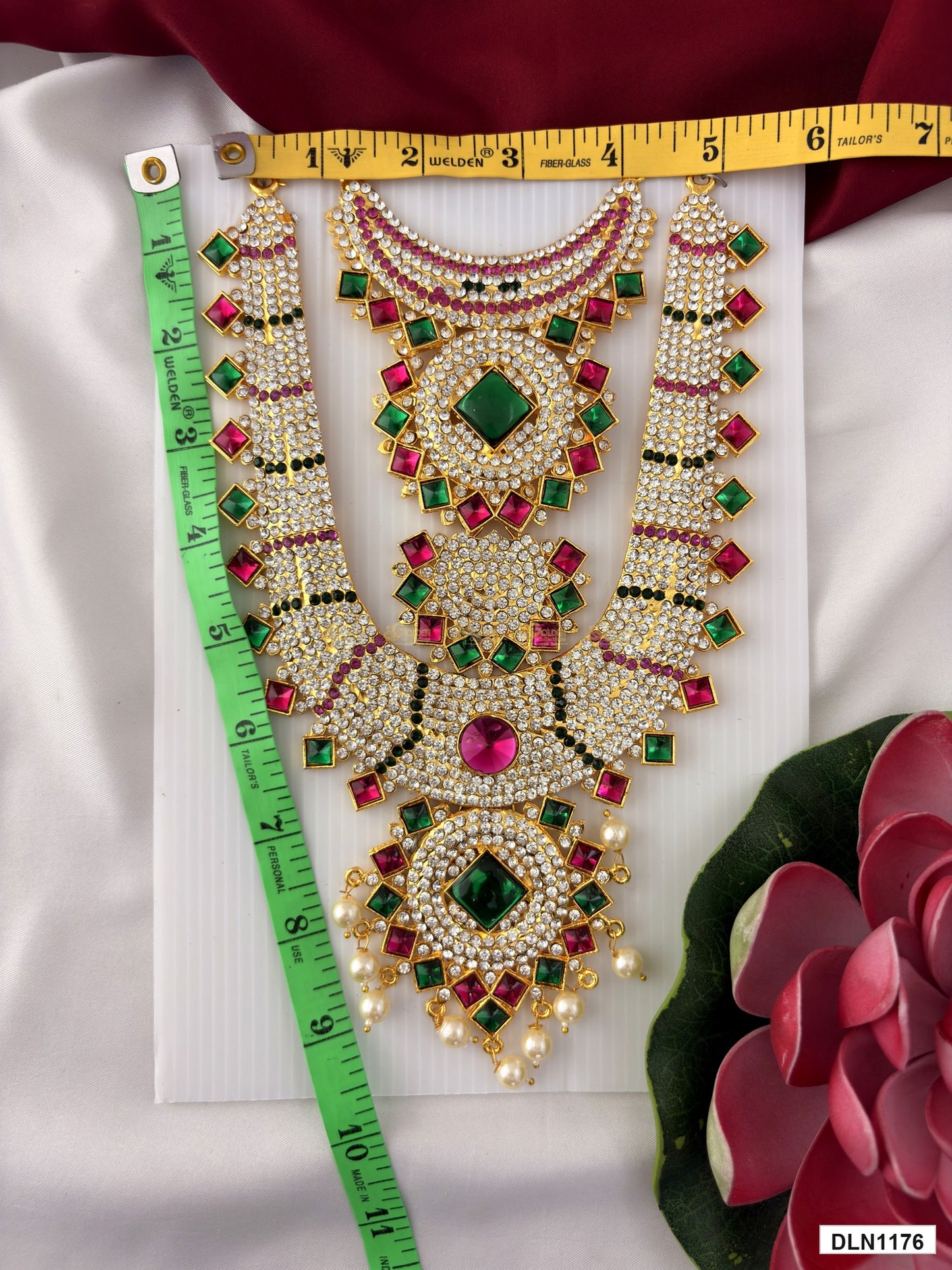 Measurement photo showing 9 x 5 Inches deity long haram with measuring tape for idol alankaram