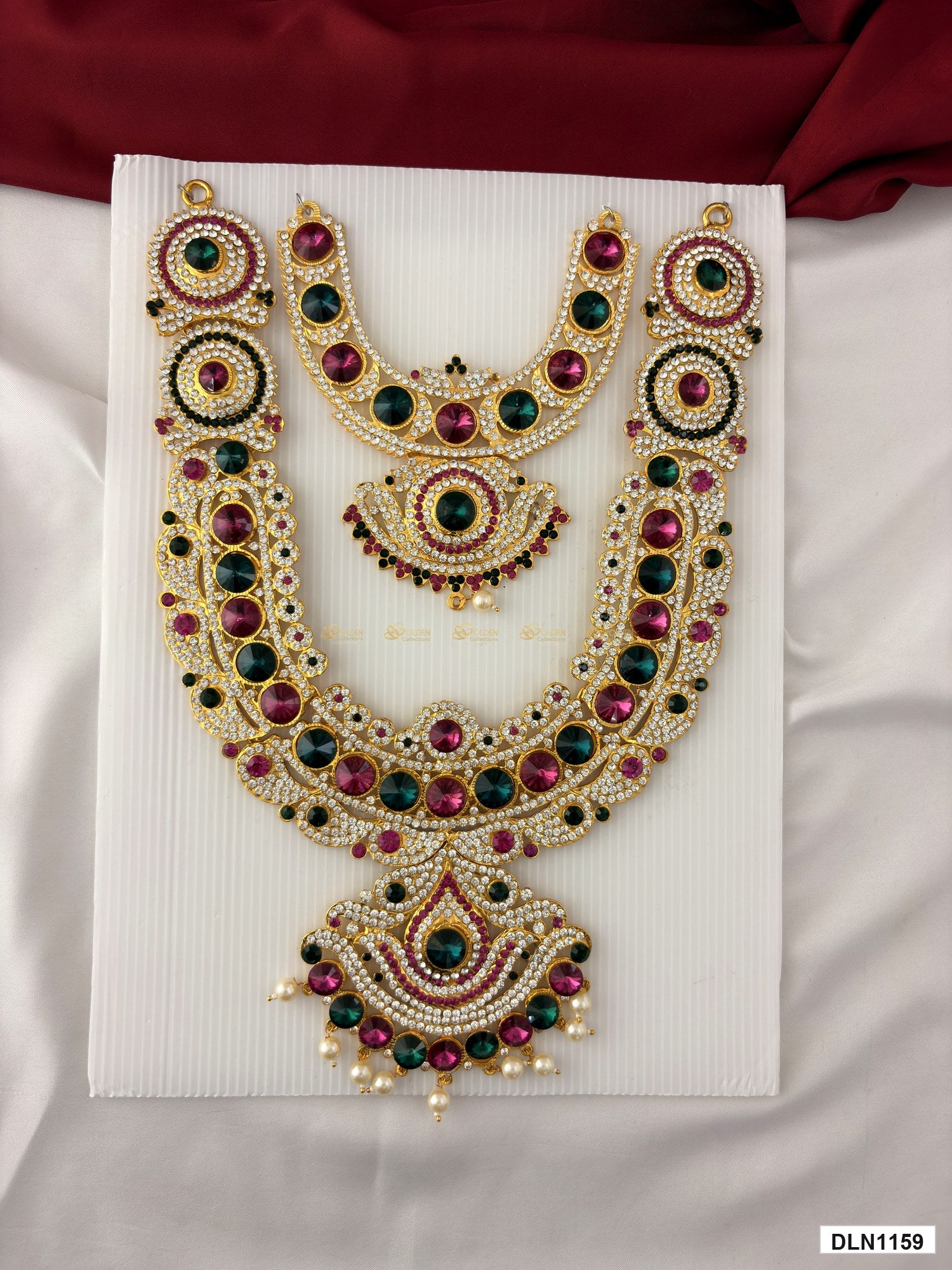 deity long haram full product view with gold plating and multicolor stones for idol alankaram