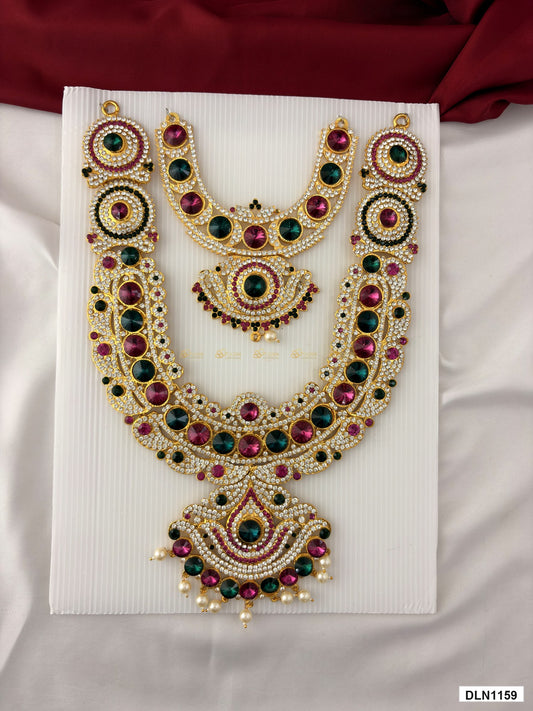 deity long haram full product view with gold plating and multicolor stones for idol alankaram