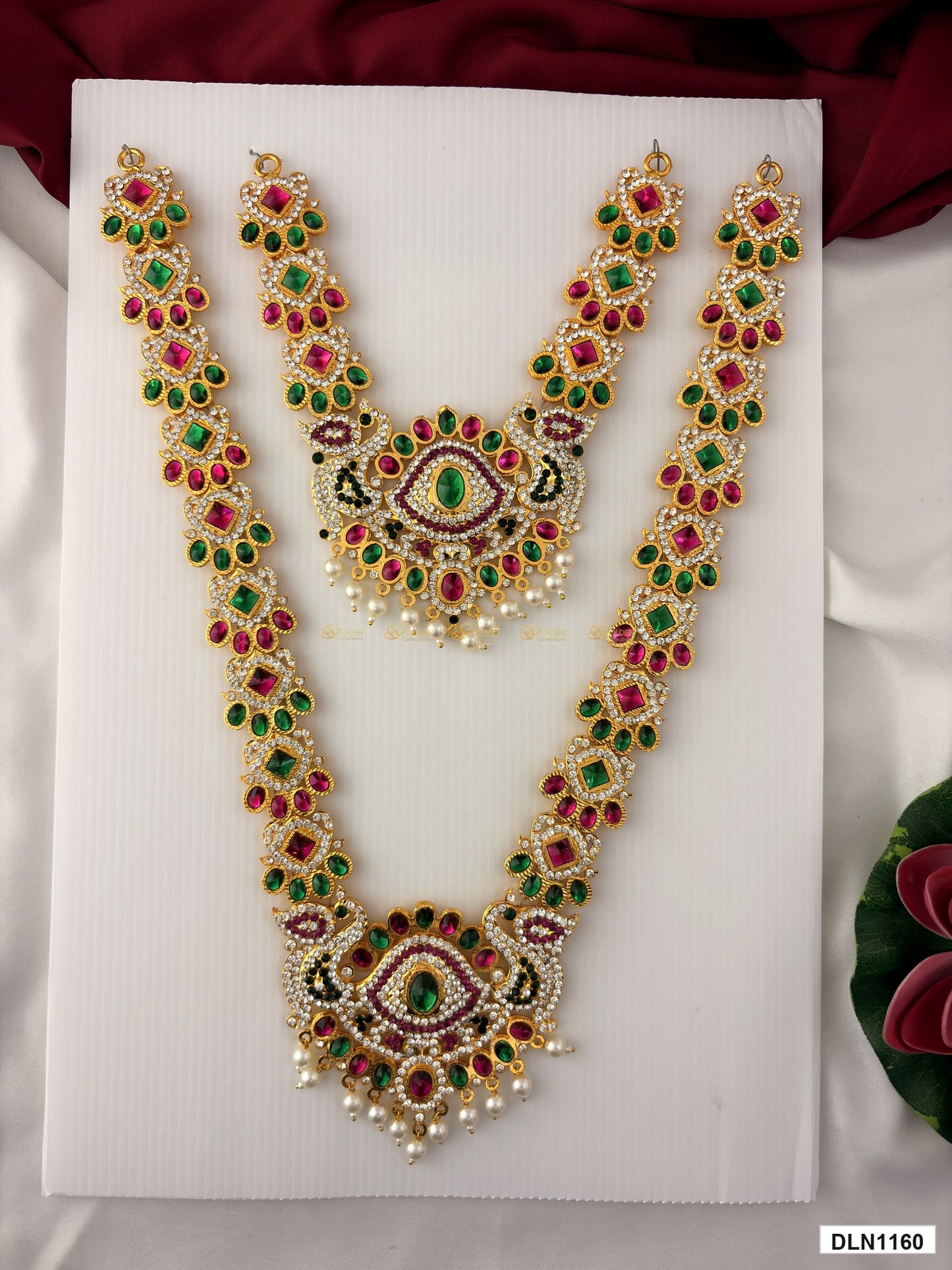deity long haram full product view with gold plating and multicolor stones for idol alankaram
