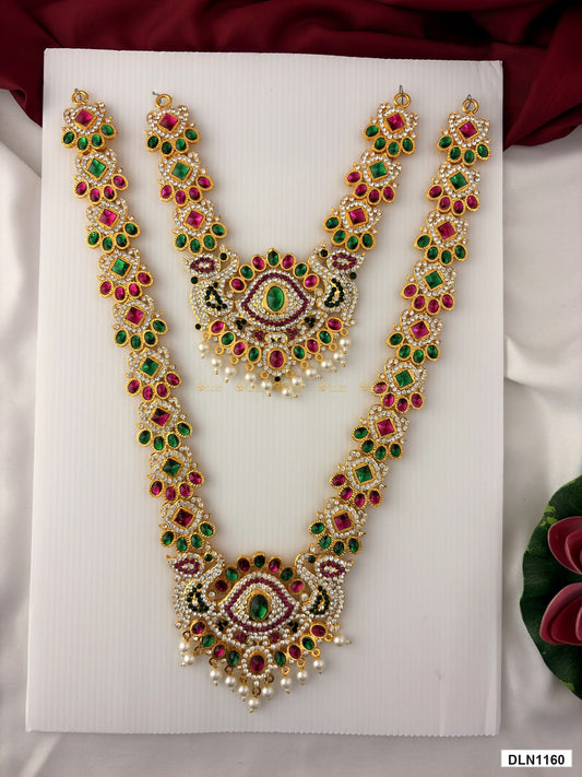 deity long haram full product view with gold plating and multicolor stones for idol alankaram