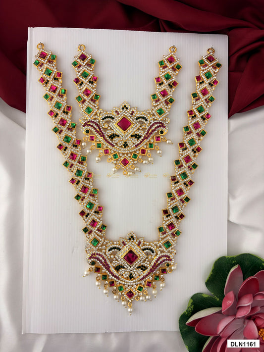 deity long haram full product view with gold plating and multicolor stones for idol alankaram