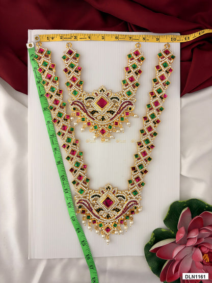 Measurement photo showing 15 x 9 Inches deity long haram with measuring tape for idol alankaram