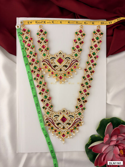 Measurement photo showing 15 x 9 Inches deity long haram with measuring tape for idol alankaram