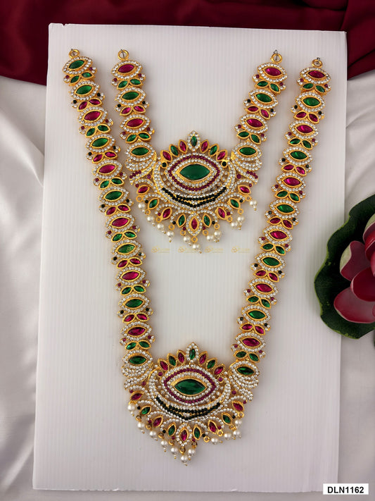 deity long haram full product view with gold plating and multicolor stones for idol alankaram