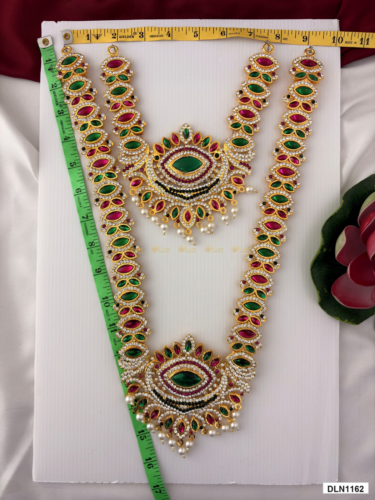 Measurement photo showing 15 x 9 Inches deity long haram with measuring tape for idol alankaram