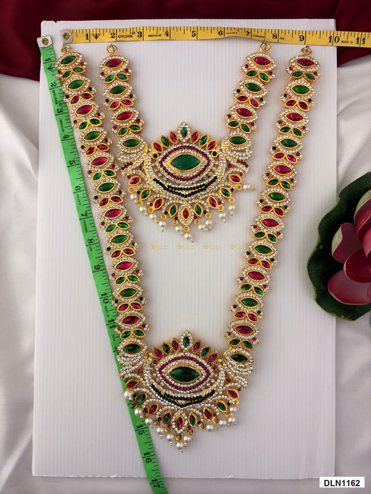 Measurement photo showing 15 x 9 Inches deity long haram with measuring tape for idol alankaram