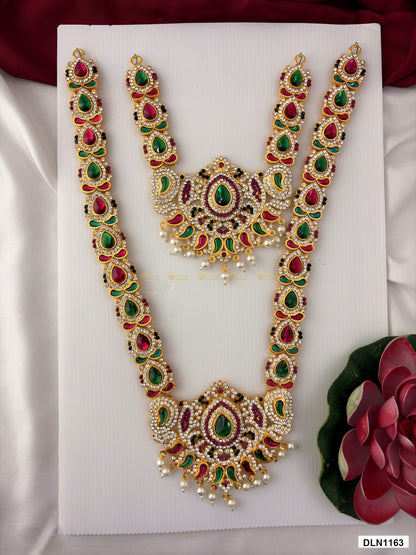 deity long haram full product view with gold plating and multicolor stones for idol alankaram