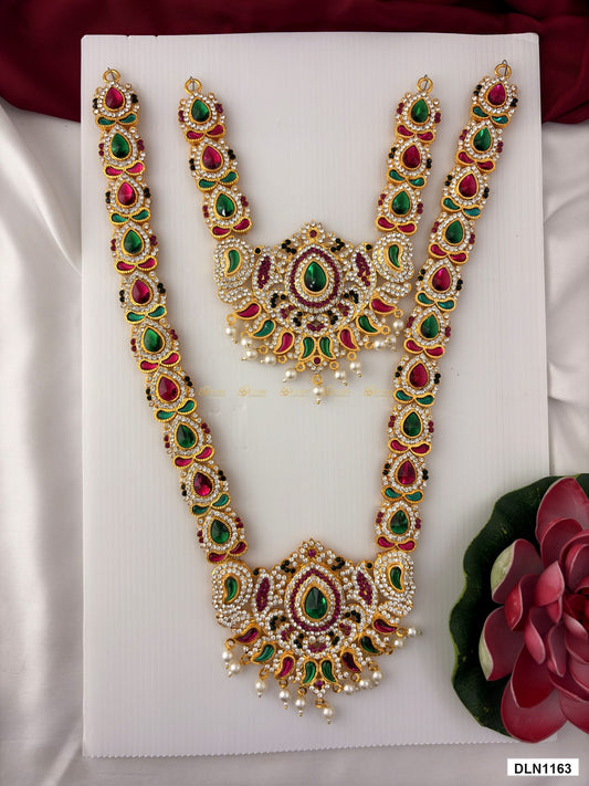 deity long haram full product view with gold plating and multicolor stones for idol alankaram