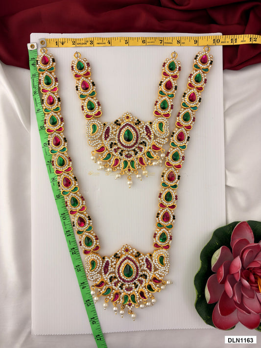 Measurement photo showing 15 x 9 Inches deity long haram with measuring tape for idol alankaram