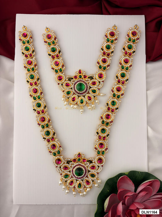 deity long haram full product view with gold plating and multicolor stones for idol alankaram