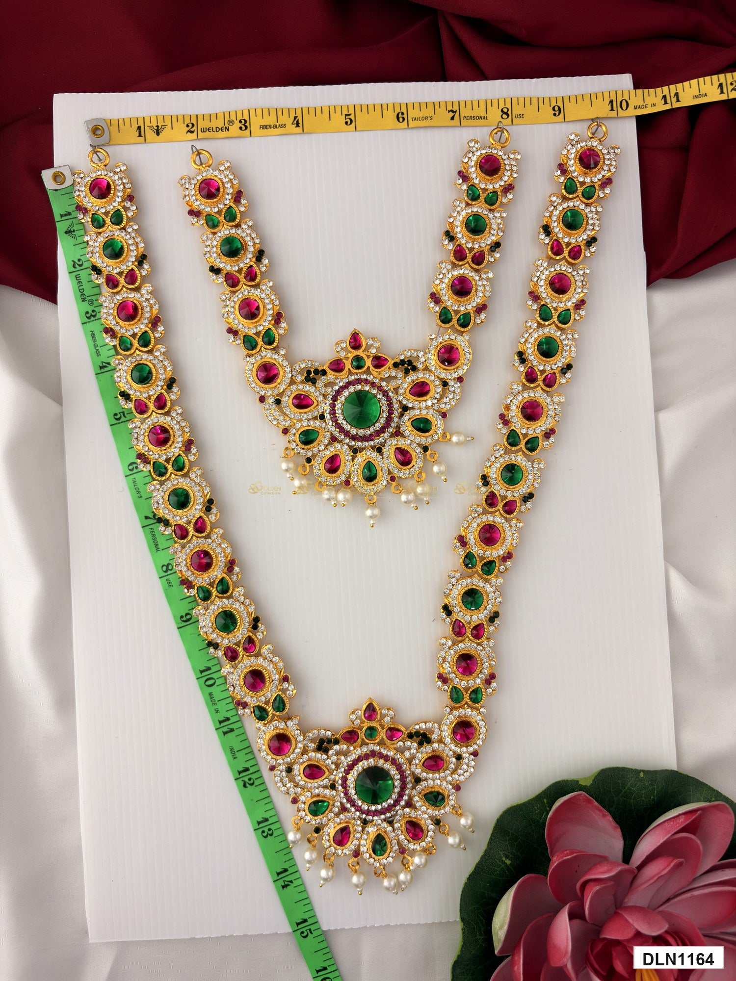 Measurement photo showing 15 x 9 Inches deity long haram with measuring tape for idol alankaram