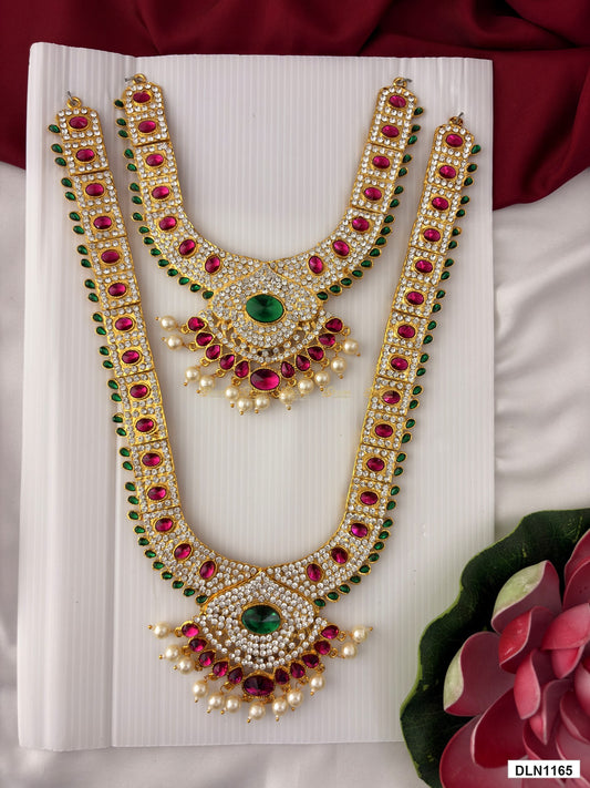 deity long haram full product view with gold plating and multicolor stones for idol alankaram