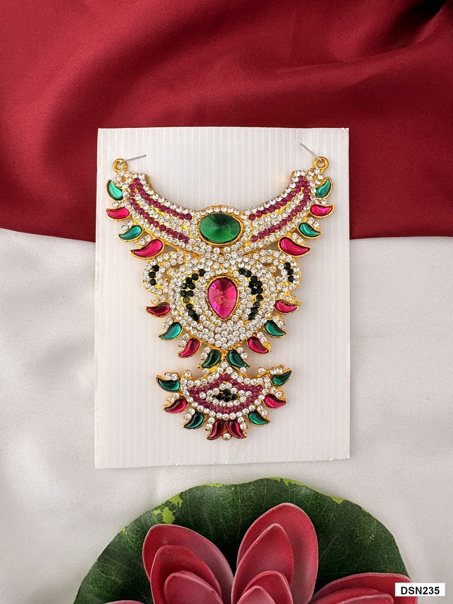 deity short haram full product view with gold plating and multicolor stones for idol alankaram