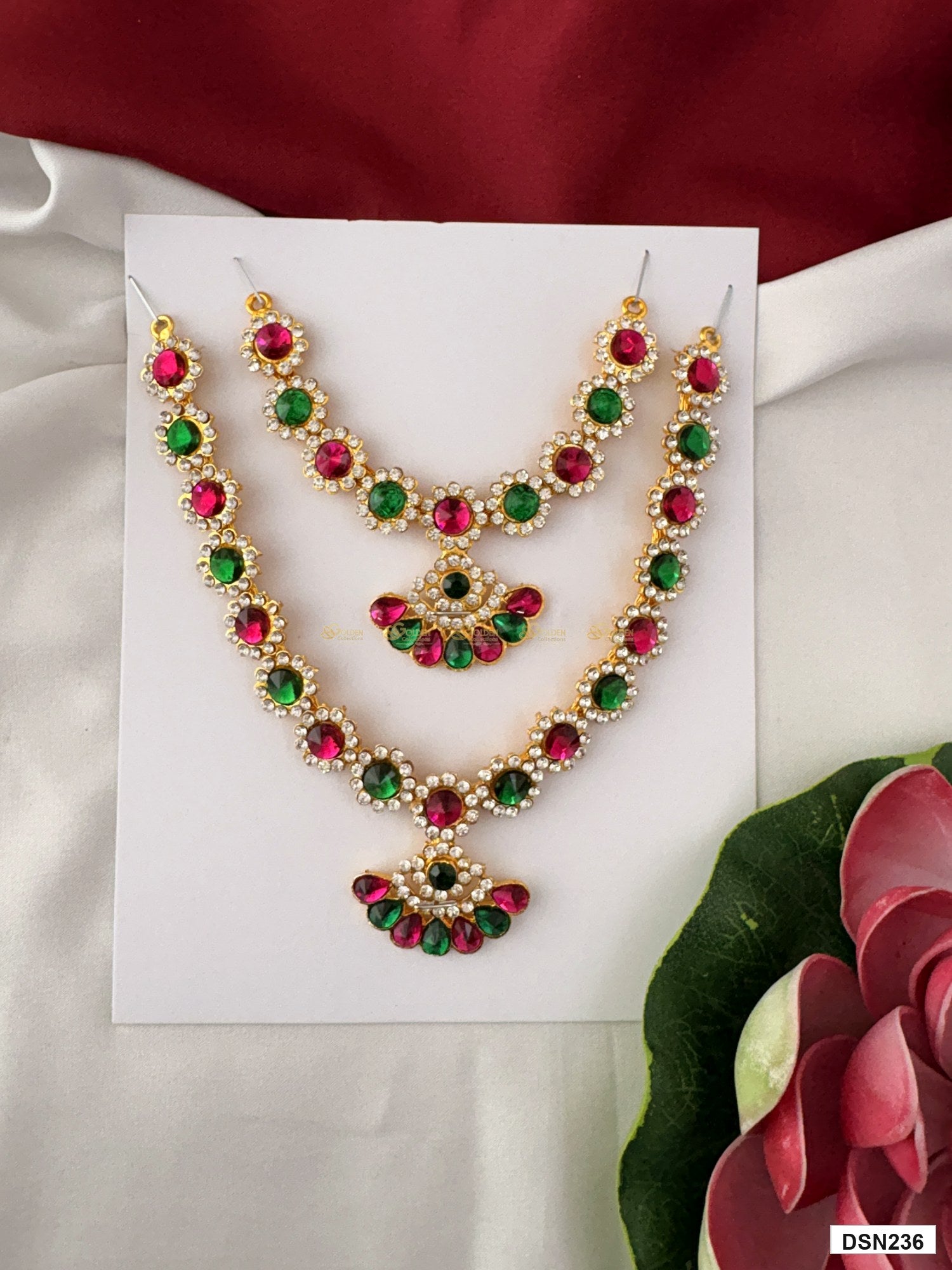 deity short haram full product view with gold plating and multicolor stones for idol alankaram