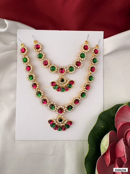 deity short haram full product view with gold plating and multicolor stones for idol alankaram