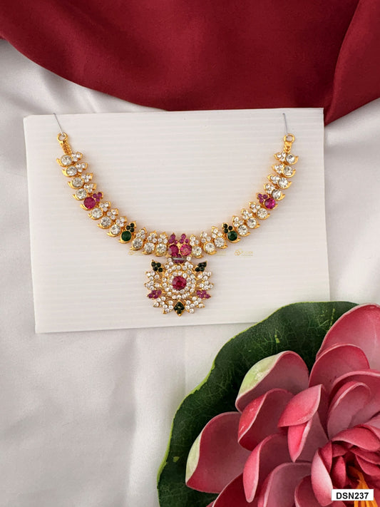 deity short haram full product view with gold plating and multicolor stones for idol alankaram
