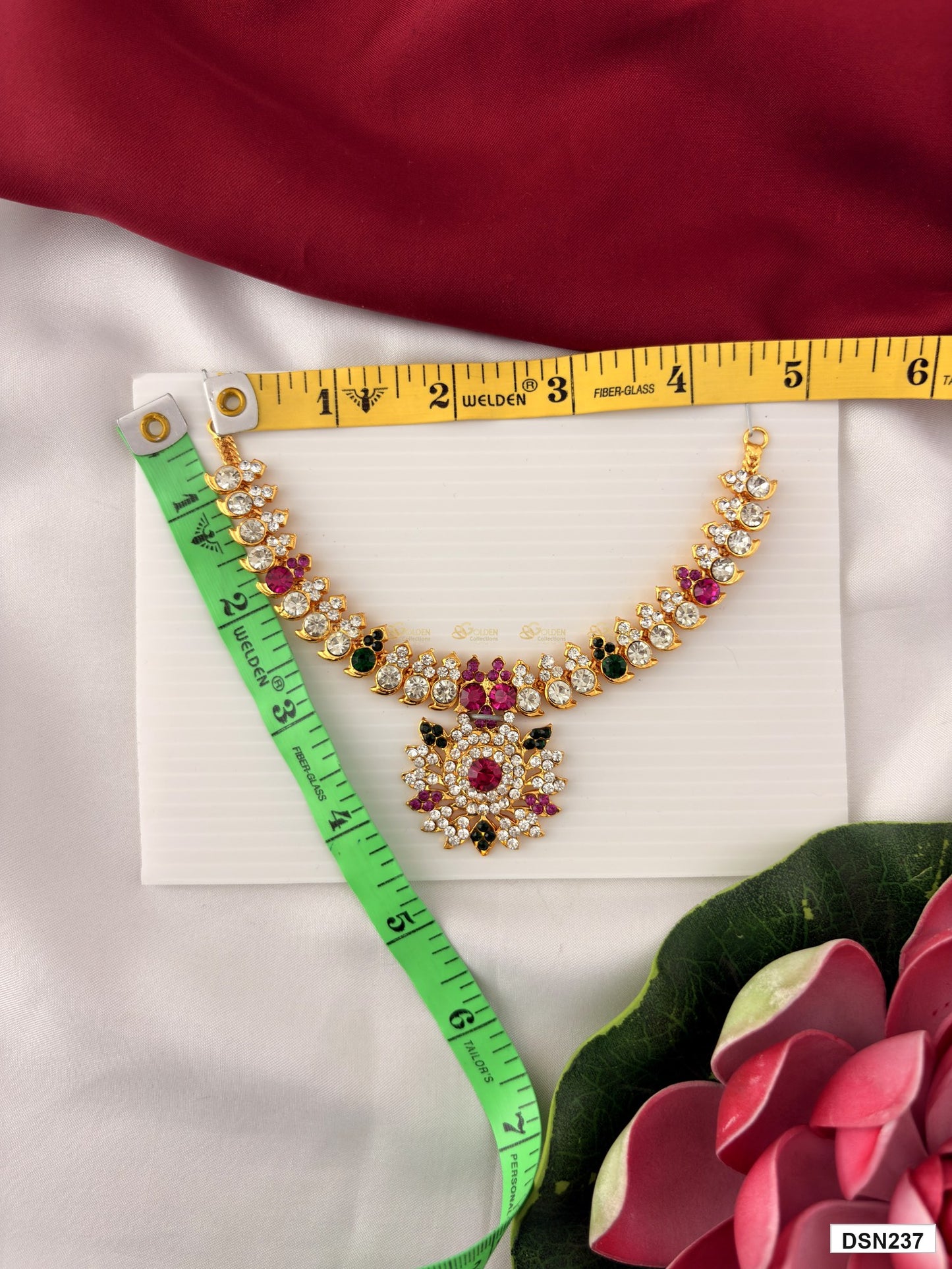 Measurement photo showing 4 x 4 Inches deity short haram with measuring tape for idol alankaram