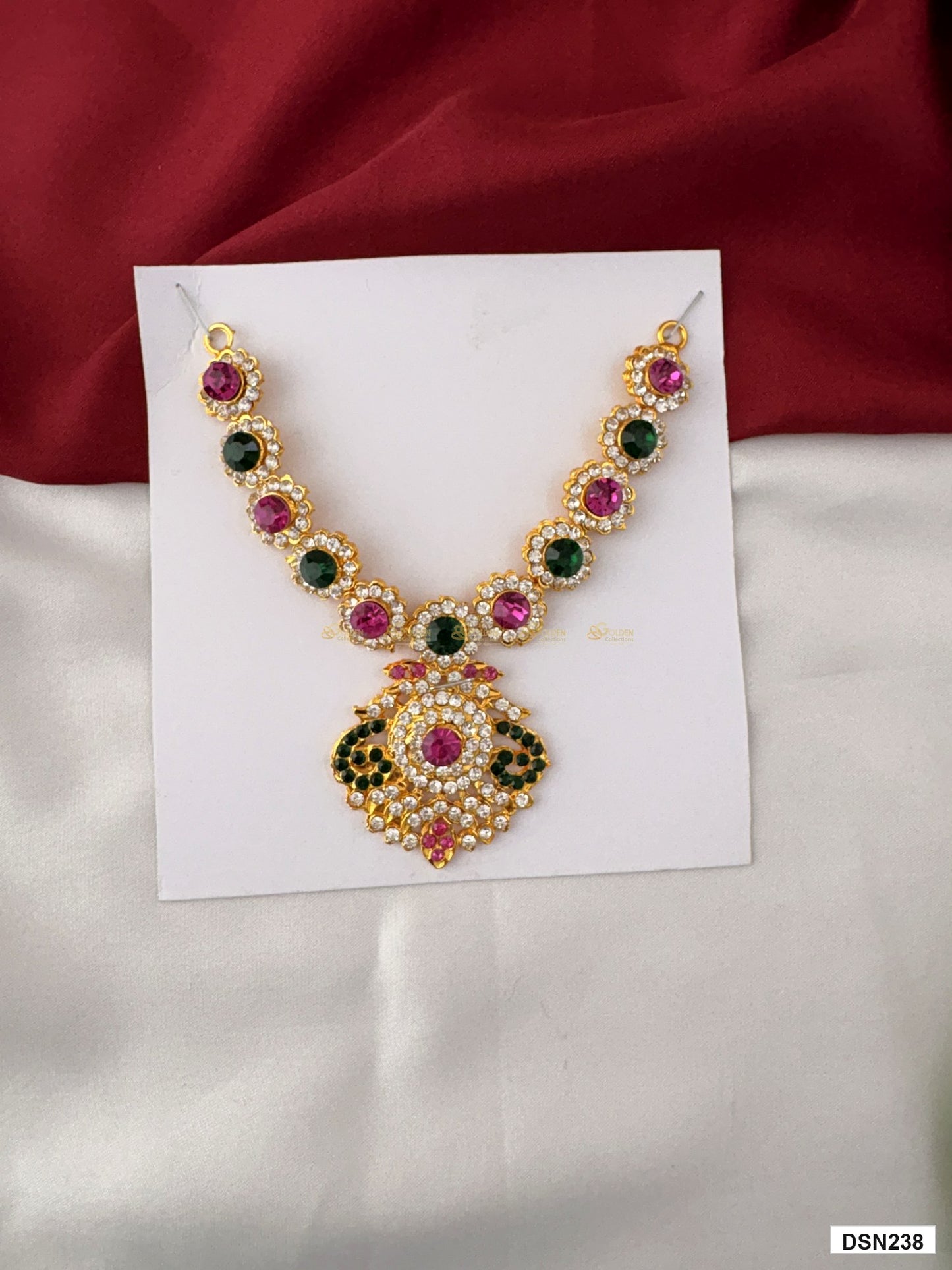 deity short haram full product view with gold plating and multicolor stones for idol alankaram
