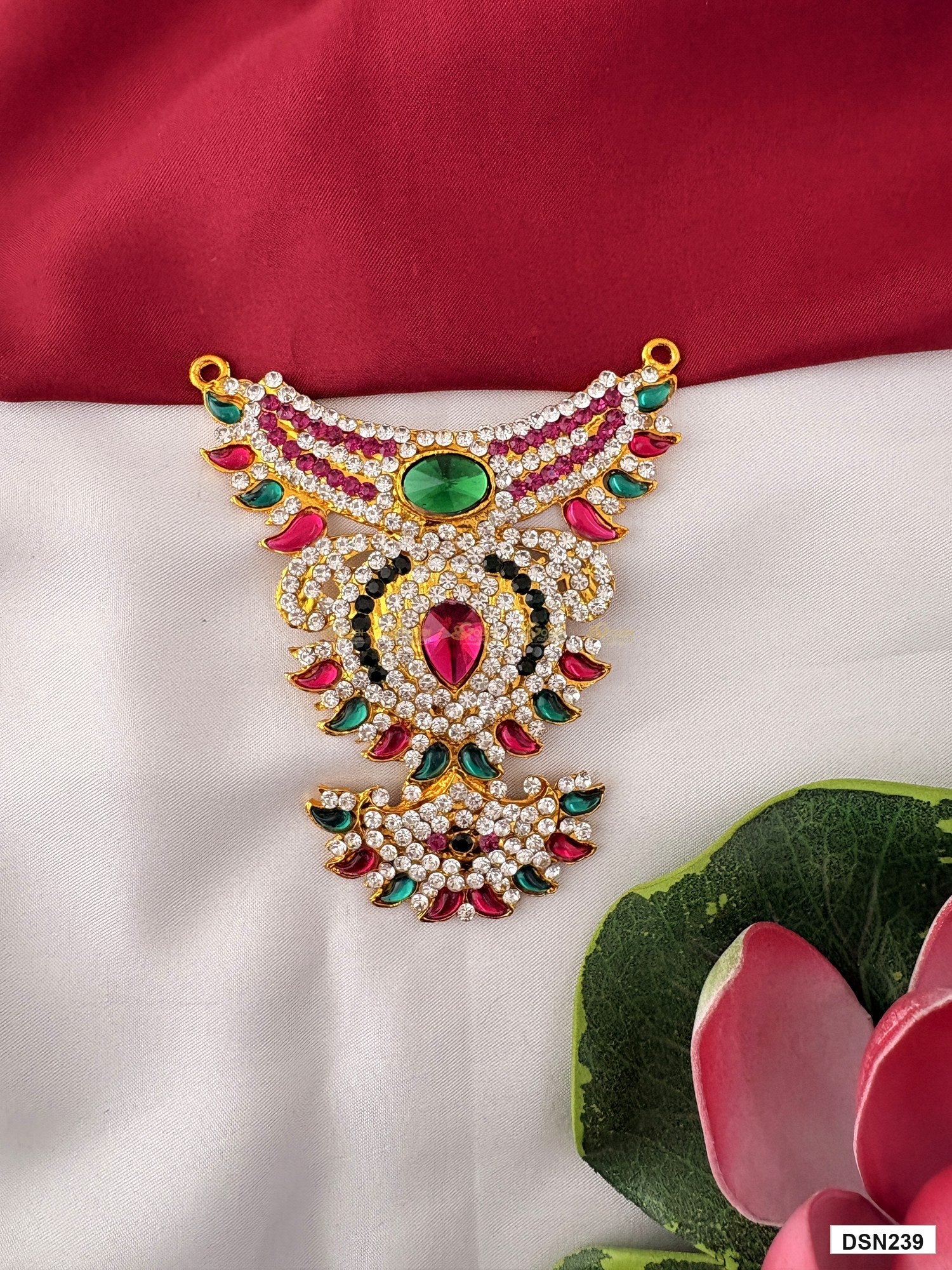 deity short haram full product view with gold plating and multicolor stones for idol alankaram
