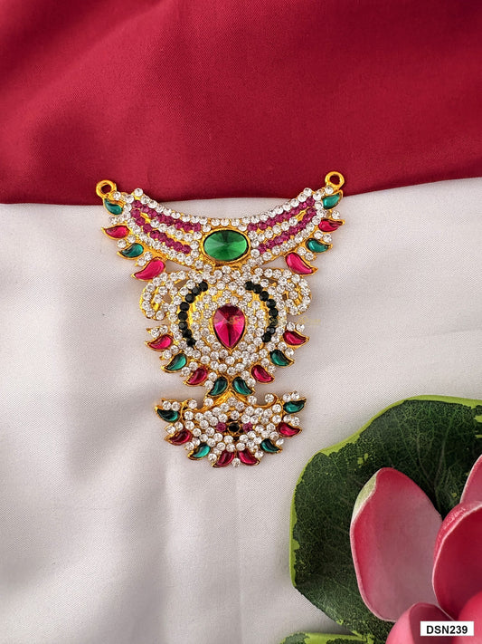 deity short haram full product view with gold plating and multicolor stones for idol alankaram