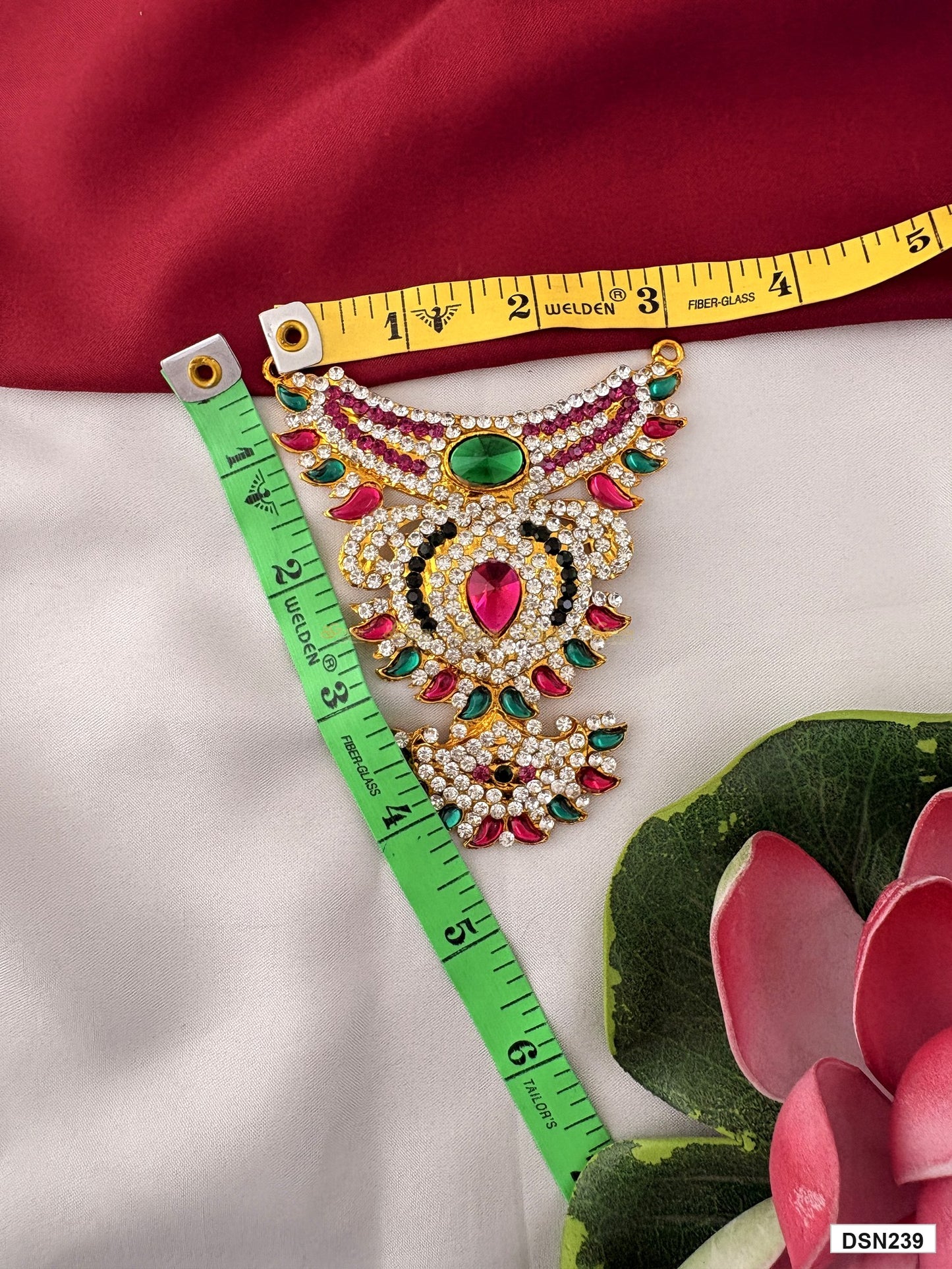 Measurement photo showing 4 x 3 Inches deity short haram with measuring tape for idol alankaram